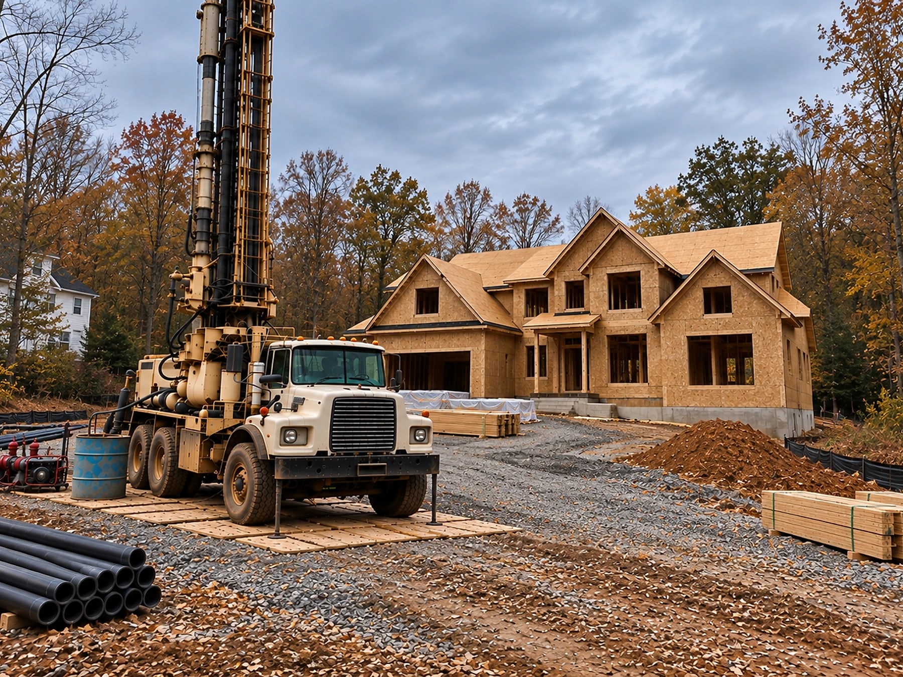A drilling rig parked on the gravel beside a house still in frame