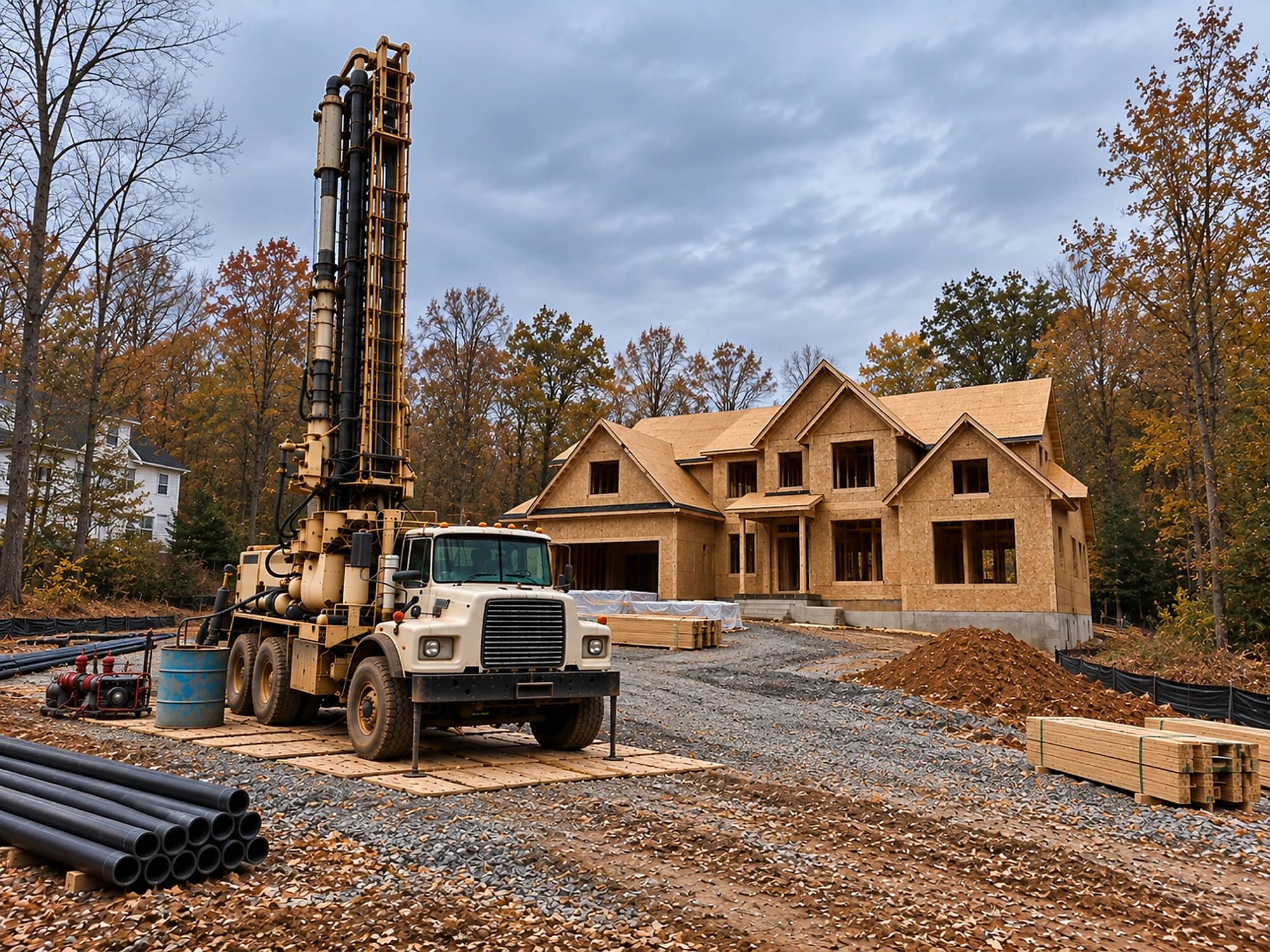 A drilling rig parked on the gravel in front of a house still in frame, loop pipe and lumber stacked beside it