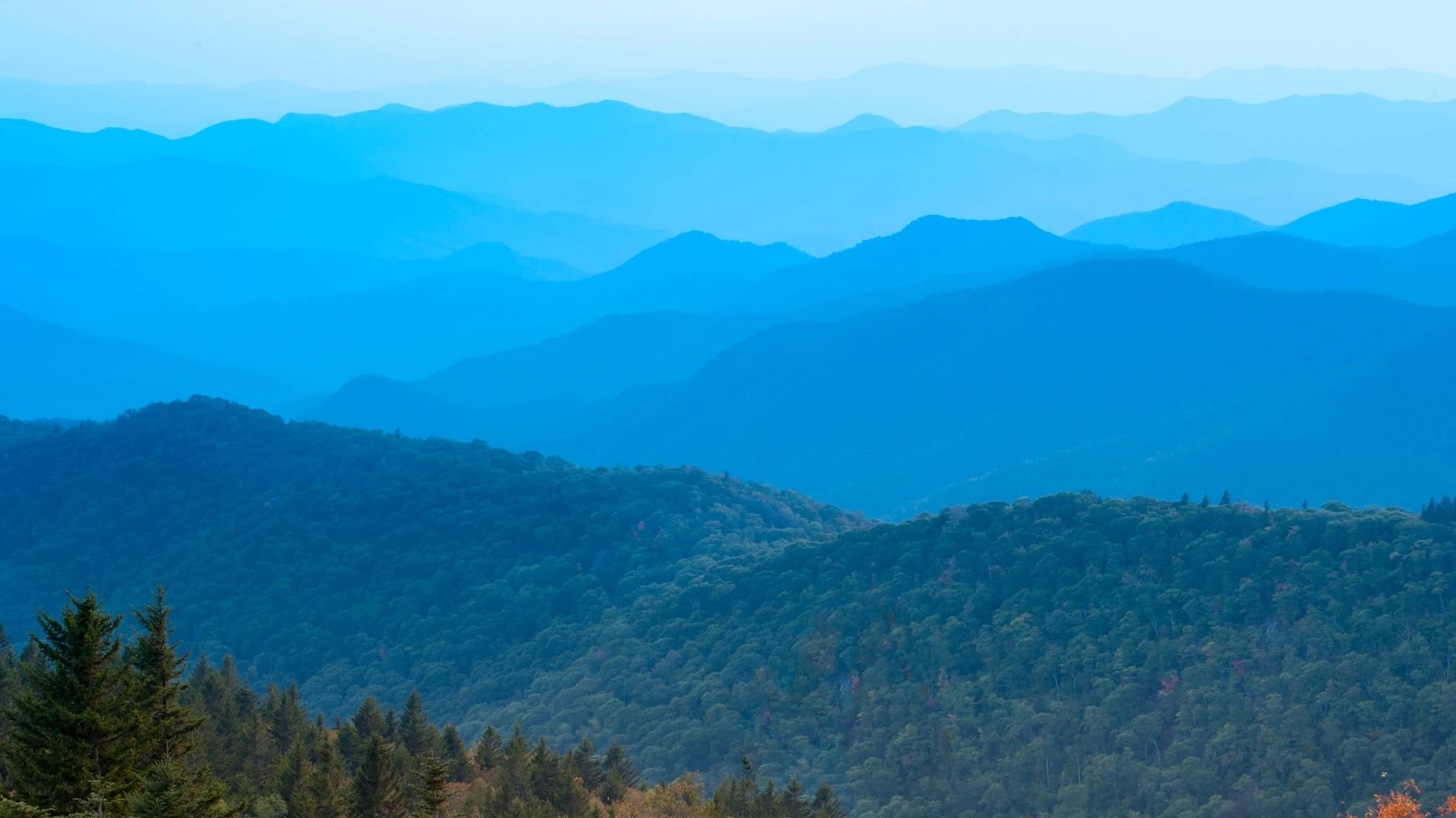 Blue Ridge mountains fading into morning fog