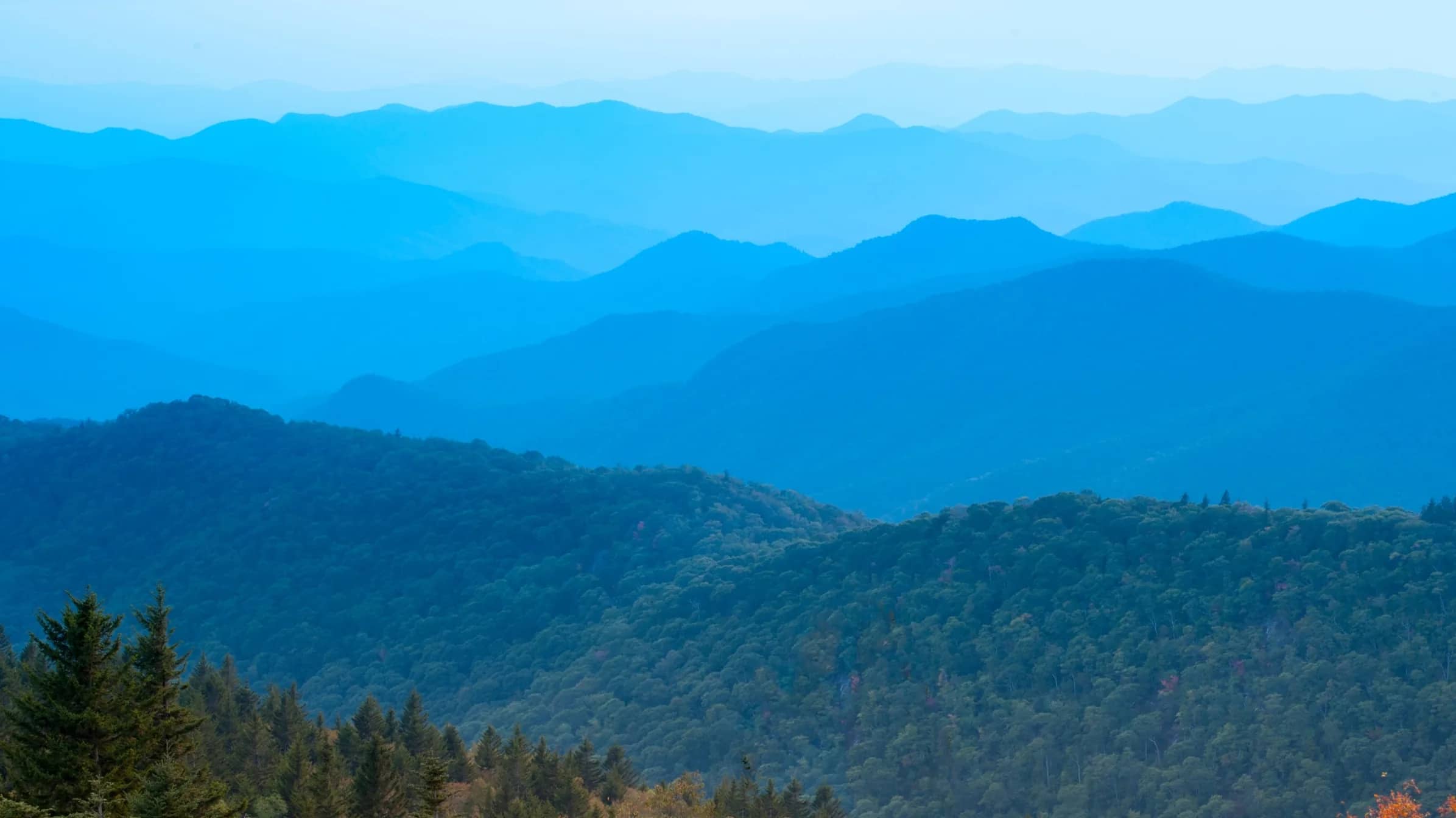 Blue Ridge mountains fading into morning fog