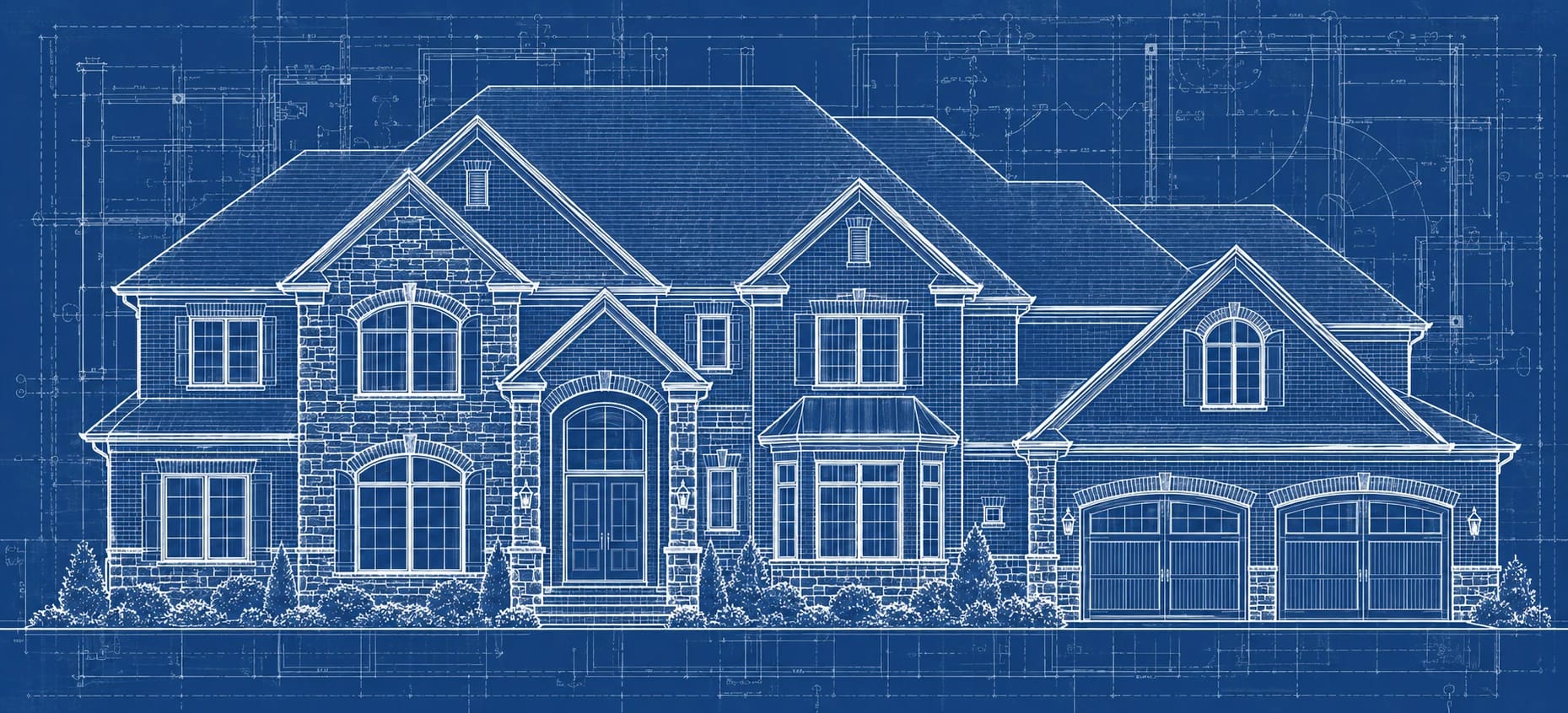 An architectural elevation of a two-story house drawn as a blueprint